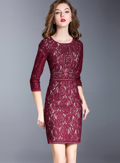 Deep Red Sexy Lace Hollow Out Embroidery Bodycon Dress