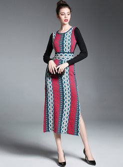 Ethnic Slit Long Sleeve Knitted Dress