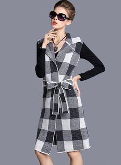 Plaid Turn Down Collar Belted Vest