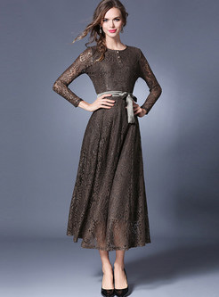 Brief Lace Belted O-neck Maxi Dress