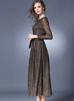 Brief Lace Belted O-neck Maxi Dress