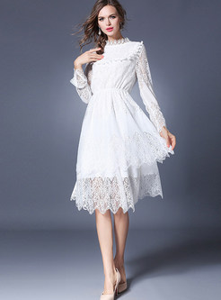 Sweet White Lace Gathered Waist Skater Dress