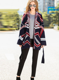 Street Belted Turn Down Collar Knitted Coat