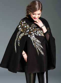 Black Chic Embroidered Sequined Caped Coat