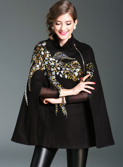 Outwear | Jackets/Coats | Black Chic Embroidered Sequined Caped Coat