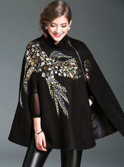 Black Chic Embroidered Sequined Caped Coat