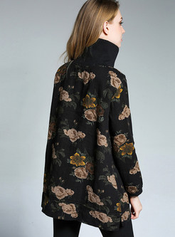 Black Vintage Turtleneck Floral Long Sleeve T-shirt