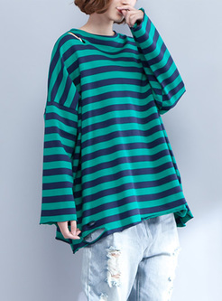 Blue Loose Hollow Striped Oversized T-shirt