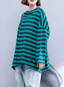 Blue Loose Hollow Striped Oversized T-shirt