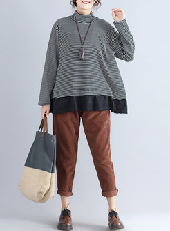 Causal High Neck Striped Pullover T-shirt
