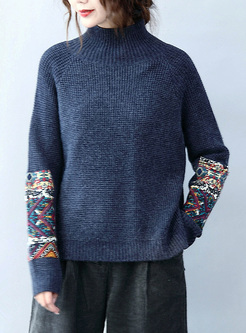 Loose Ethnic Patch High Neck Sweater