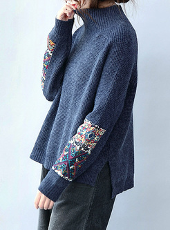 Loose Ethnic Patch High Neck Sweater