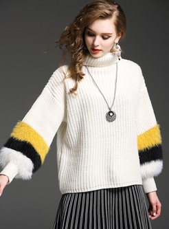 Loose Color-blocked Lantern Sleeve Sweater