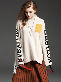 Loose Letter Pattern Color-blocked Tassel Sweater