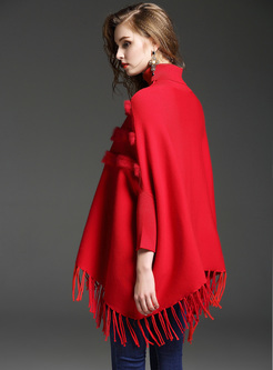 Red High Neck Tassel Asymmetric Kimono