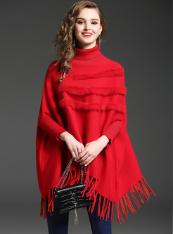 Red High Neck Tassel Asymmetric Kimono