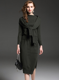 Slim Knitted Split Scarf-collar Two-piece Outfits