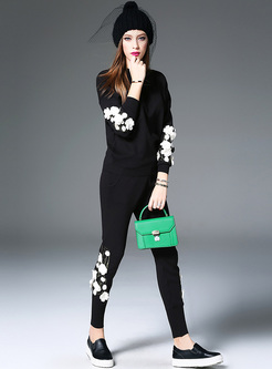 Black Stereoscopic Flower Knitted Two-piece Outfits