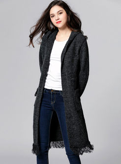 Deep Grey Tassel Hooded Knitted Coat