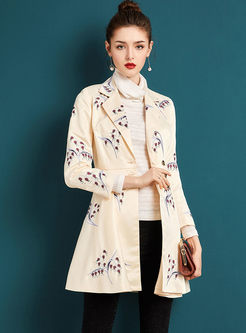 Elegant Embroidery Turn Down Collar Trench Coat