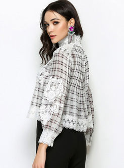 Sweet Lace Splicing Stand Collar Plaid Blouse