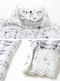 Sweet Lace Splicing Stand Collar Plaid Blouse