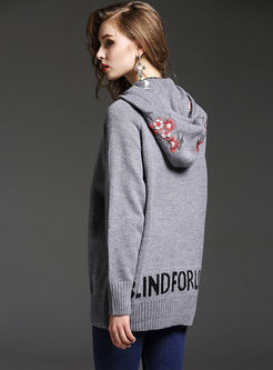 Grey Causal Hooded Embroidery Loose Hoodie