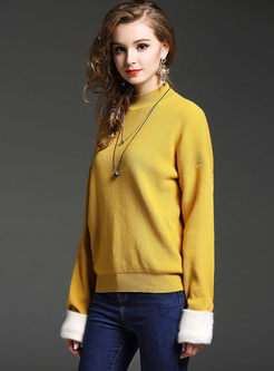 Brief Loose Splicing Stand Collar Knitted Sweater