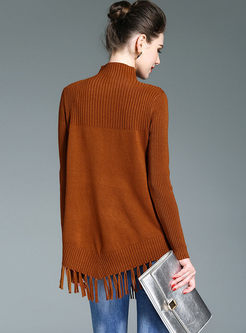 Stylish Turtle Neck Tassel Hem Knitted Sweater