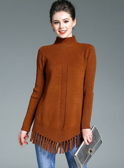 Stylish Turtle Neck Tassel Hem Knitted Sweater