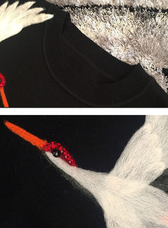 Black Crane Embroidery Long Sleeve Knitted Sweater