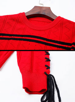 Striped O-neck Lacing Knitted Sweater