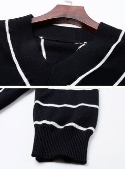 Chic Striped V-neck Long Sleeve Knitted Sweater