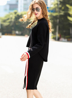 Street Black Asymmetric Sweater & Split Knee-length Skirt
