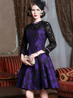 Elegant Jacquard Stitching Lace Stand Collar Skater Dress