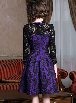Elegant Jacquard Stitching Lace Stand Collar Skater Dress