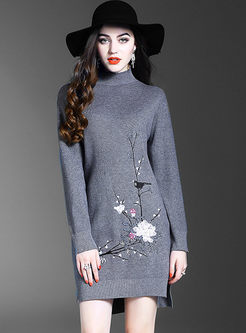 Causal Embroidery Stand Collar Knitted Dress