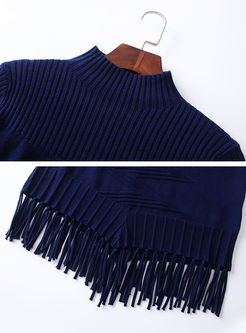 Brief Tassel Splicing Long Sleeve Knitted Dress