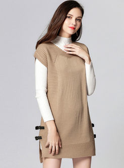 Chic Slit V-neck Short Sleeve Knitted Dress