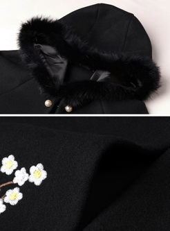 Stylish Fur Collar Embroidery Woolen Coat