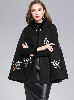 Stylish Fur Collar Embroidery Woolen Coat