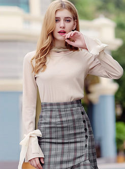 Sweet Velvet Splicing Flare Sleeve Bowknot Tie Knitted Sweater