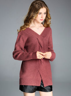 Stylish V-neck Slit Long Sleeve Knitted Sweater