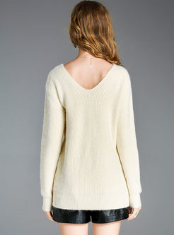 Stylish V-neck Slit Long Sleeve Knitted Sweater