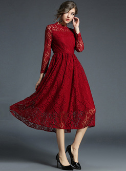 Wine Red Falbala Lace Big Hem A-line Dress