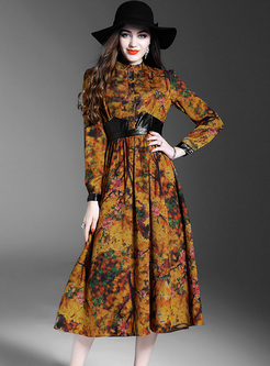 Vintage Floral Print Stand Collar A-line Dress