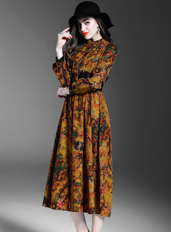 Vintage Floral Print Stand Collar A-line Dress