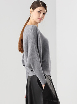 Grey Bat Sleeve Slash Neck Sweater