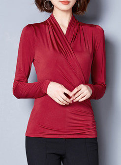 Red Brief V-neck Long Sleeve T-shirt