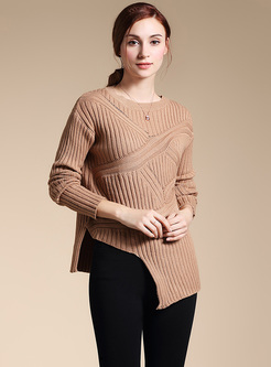 Khaki O-neck Asymmetric Hem Sweater